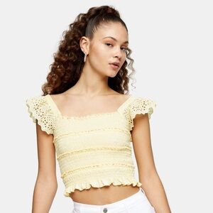 Butter yellow Topshop shirred frill sleeve top size 4 (small) ruffle eyelet